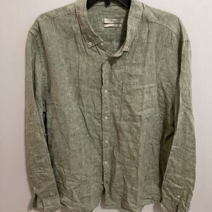 Men’s 100% Linen Green MNG Slim Fit Button Up Long Sleeve Shirt, XL